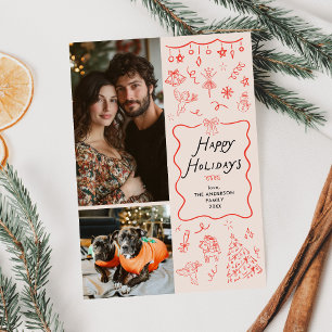 Retro Red Hand Drawn Icons Happy Holidays 2 Photo Holiday Card