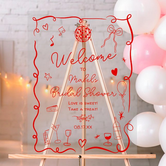 Retro red hand drawn illustrated bridal shower acrylic sign (Retro red hand drawn illustrated bridal shower acrylic sign)