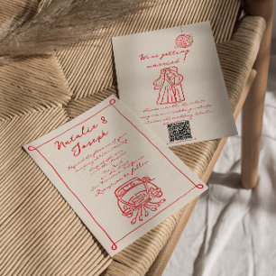 Retro Red Hand Drawn Quirky Cute QR Code Wedding Invitation