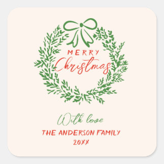 Retro Red Hand Drawn Ribbon Wreath Merry Christmas Square Sticker