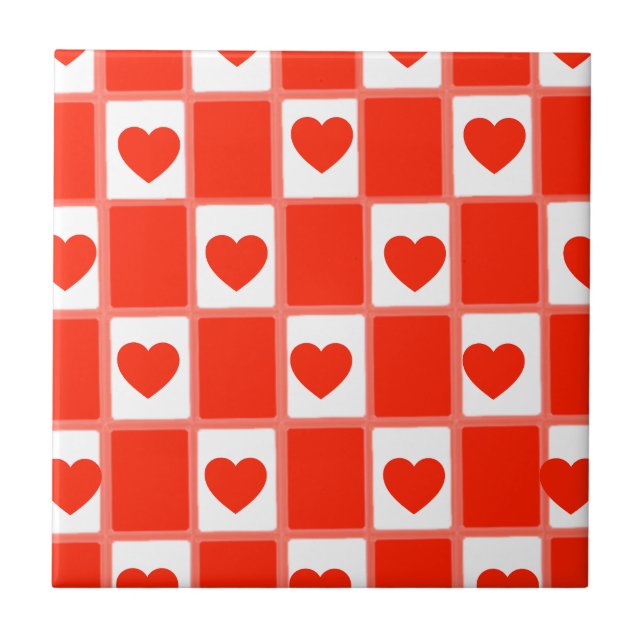 Retro Red Heart Checkerboard Pattern Tile (Front)