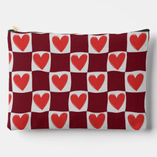 Retro Red Heart Chequerboard Pattern Aesthetic Accessory Pouch