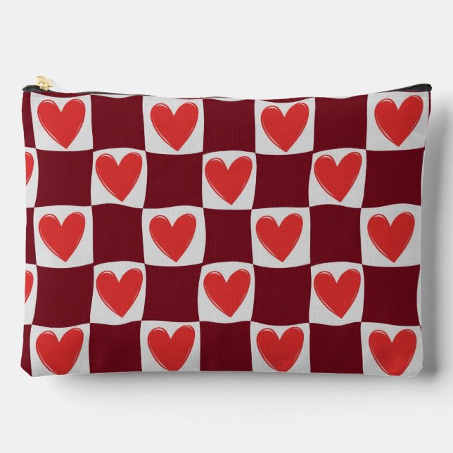 Retro Red Heart Chequerboard Pattern Aesthetic Accessory Pouch (Front)