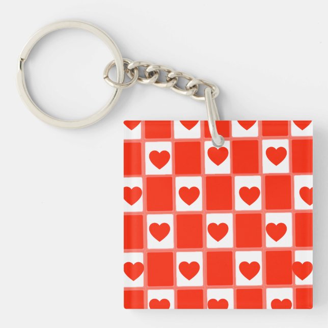 Retro Red Heart Chequerboard Pattern: Balloon Keychain (Front)