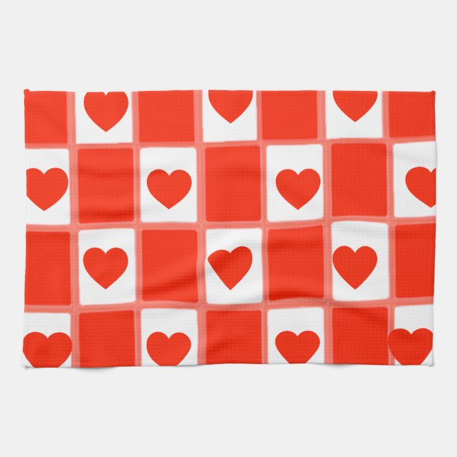 Retro Red Heart Chequerboard Pattern Kitchen Towel (Horizontal)
