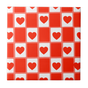 Retro Red Heart Chequerboard Pattern Tile