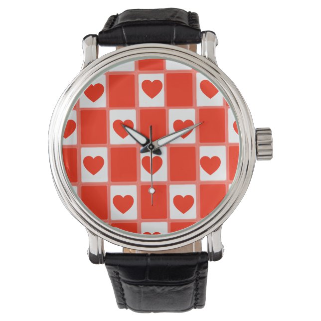 Retro Red Heart Chequerboard Pattern Watch (Front)