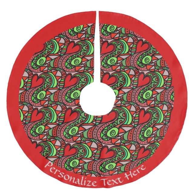 Retro Red Heart Doodle Abstract Design Personalize Brushed Polyester Tree Skirt (Front)