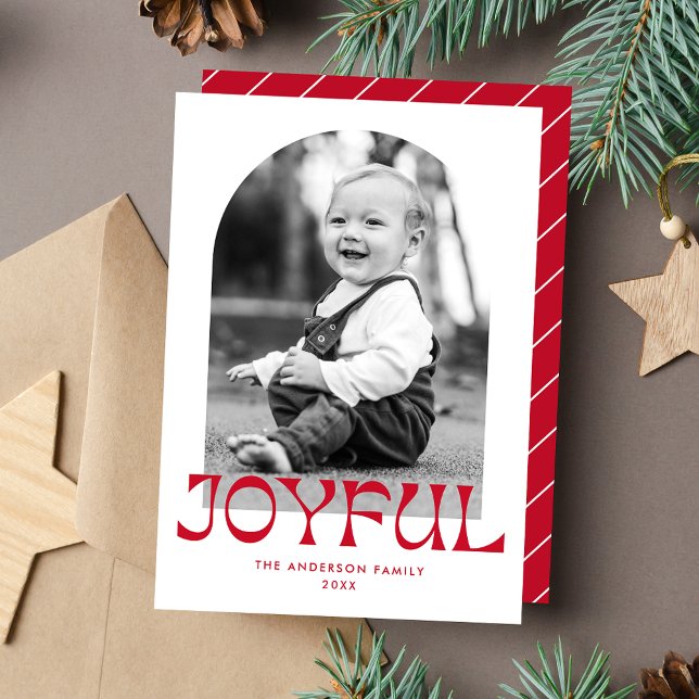 Retro Red Joyful Arch Photo Holiday Card (Creator Uploaded)