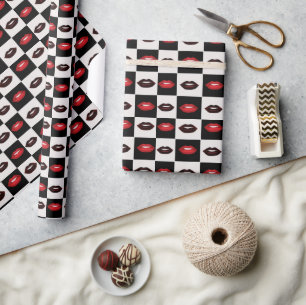Retro Red Lips Black and White Chequerboard Wrapping Paper