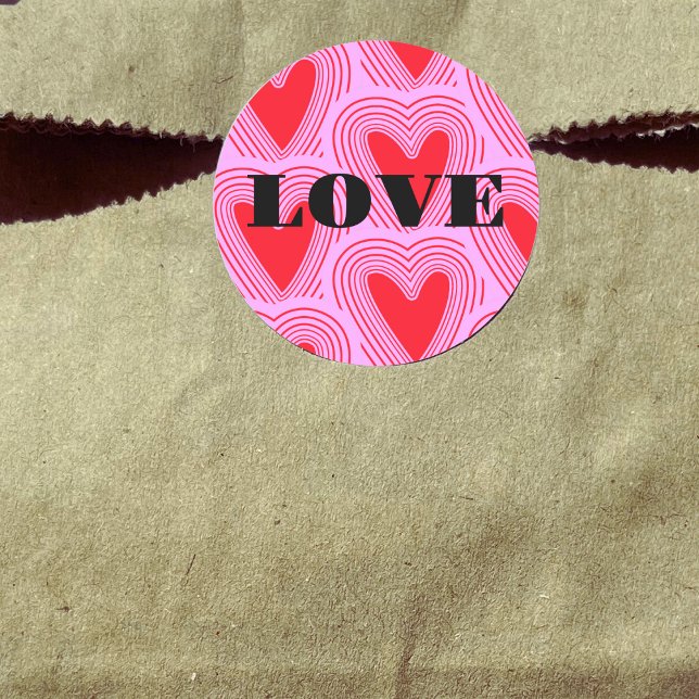 Retro Red Love Hearts Black Typography Valentines Classic Round Sticker (Creator Uploaded)
