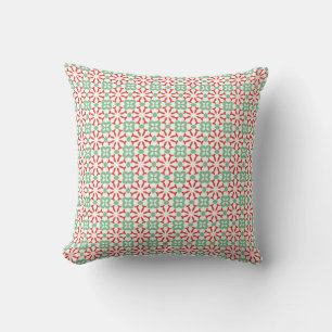 Retro Red Mint Green Floral Geometric Pattern Throw Pillow