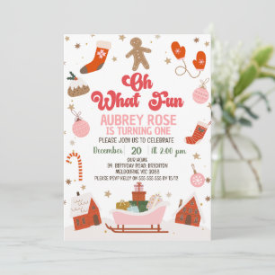 Retro Red Oh What Fun Christmas 1st Birthday Invitation