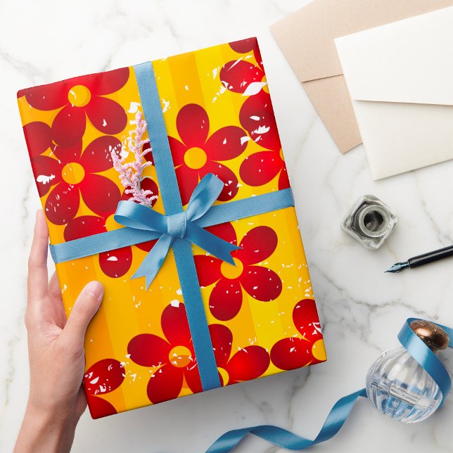 Retro Red Orange Floral Wrapping Paper (Creator Uploaded)
