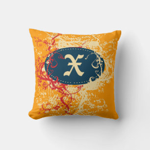 Retro Red Orange Pattern Monogram X Throw Pillow