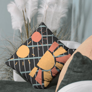 Retro red orange Sunset on blue black & white grid Throw Pillow