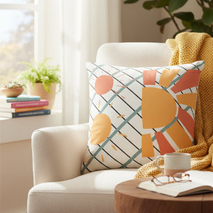 Retro red orange Sunset on blue white & black grid Throw Pillow