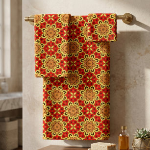 Retro Red Orange Yellow Boho Geometric Mosaic Bath Towel Set