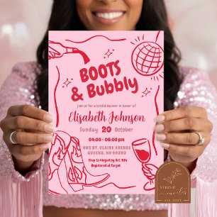 Retro Red pink Boots and Bubbly Bridal Shower Invitation