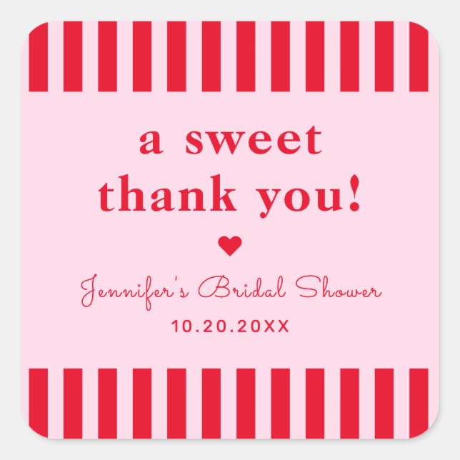 Retro Red & Pink Bridal Shower Thank You Favour Square Sticker (Front)