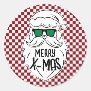 Retro Red Pink Checkered Santa Claus Christmas Classic Round Sticker