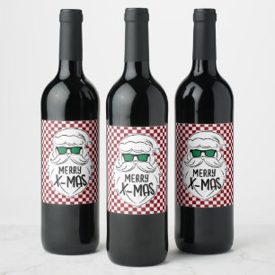 Retro Red Pink Chequered Santa Claus Christmas Wine Label