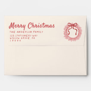 Retro Red Pink Drawn Bow Wreath Merry Christmas  Envelope