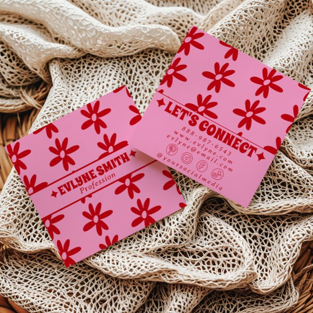 Retro Red Pink Groovy Floral Boho Girly Trendy Fun Square Business Card (Creator Uploaded)