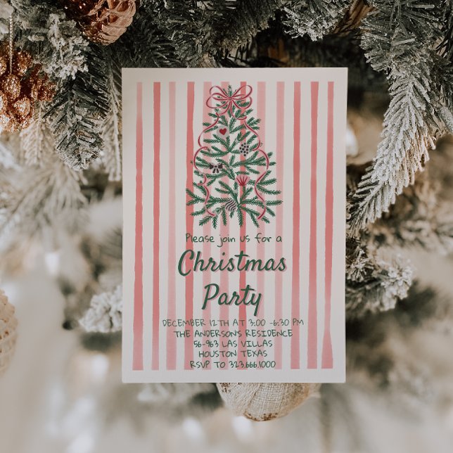 Retro Red Pink Hand Drawn Christmas Bow Tree Party Invitation (Creator Uploaded)