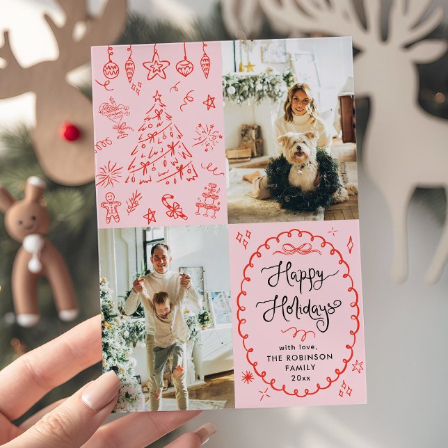 Retro Red Pink Hand Drawn Happy Holidays 2 Photo Holiday Card (Creator Uploaded)