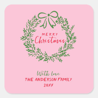 Retro Red Pink Hand Drawn Ribbon Wreath Christmas Square Sticker