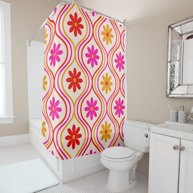 Retro Red Pink Orange Flowers on Ogee Pattern  (In Situ)