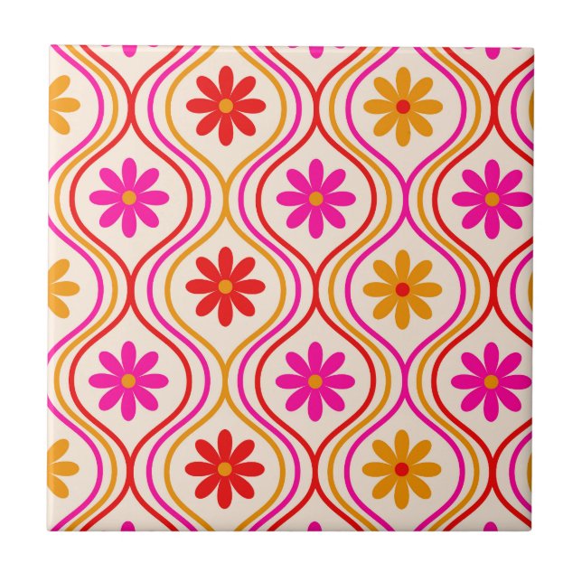 Retro Red Pink Orange Flowers on Ogee Pattern  Tile (Front)