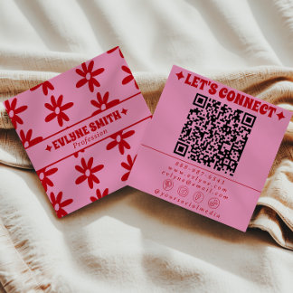 Retro Red Pink QR Code Groovy Floral Girly Trendy Square Business Card