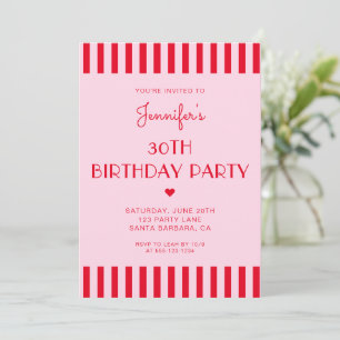 Retro Red & Pink Stripes 30th Birthday Party Invitation