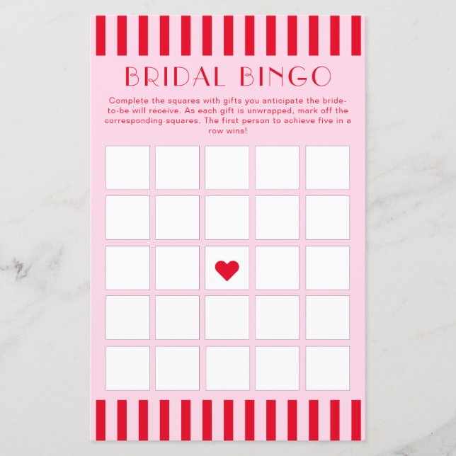 Retro Red & Pink Stripes Bridal Shower Bingo Card (Front)