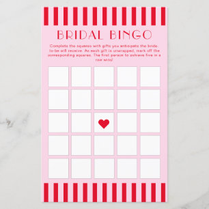 Retro Red & Pink Stripes Bridal Shower Bingo Card