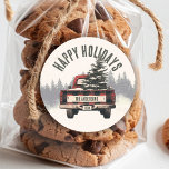 Retro Red Plaid Christmas Truck Custom Family Name Classic Round Sticker<br><div class="desc">Make your presents extra special with our retro red plaid Christmas truck gift stickers! Featuring your custom family name,  they add a festive,  personal touch to all your holiday gifts.</div>