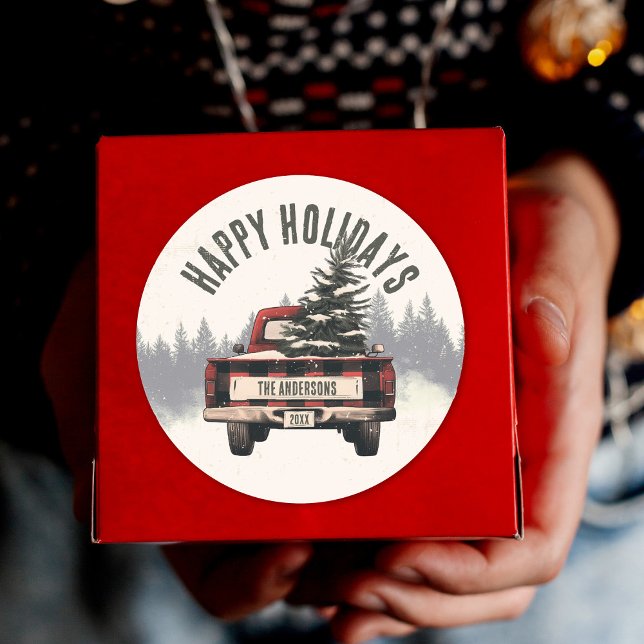 Retro Red Plaid Christmas Truck Custom Family Name Classic Round Sticker (Creator Uploaded)