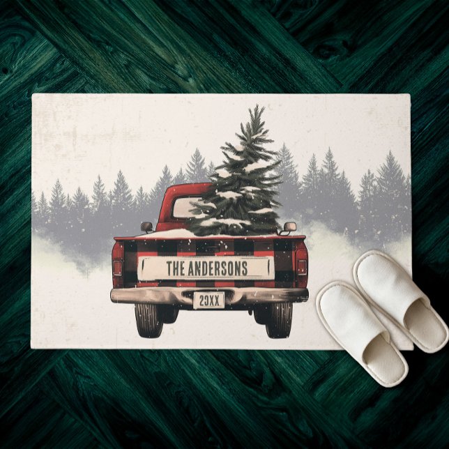Retro Red Plaid Christmas Truck Custom Family Name Doormat (Creator Uploaded)