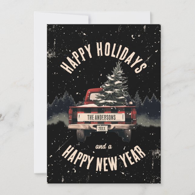 Retro Red Plaid Christmas Truck Custom Family Name Holiday Card (Front)