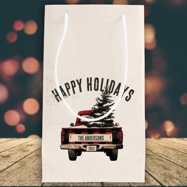 Retro Red Plaid Christmas Truck Custom Family Name Small Gift Bag (Creator Uploaded)
