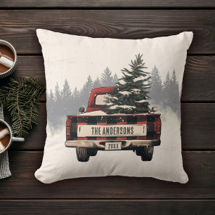 Retro Red Plaid Christmas Truck Custom Family Name Throw Pillow