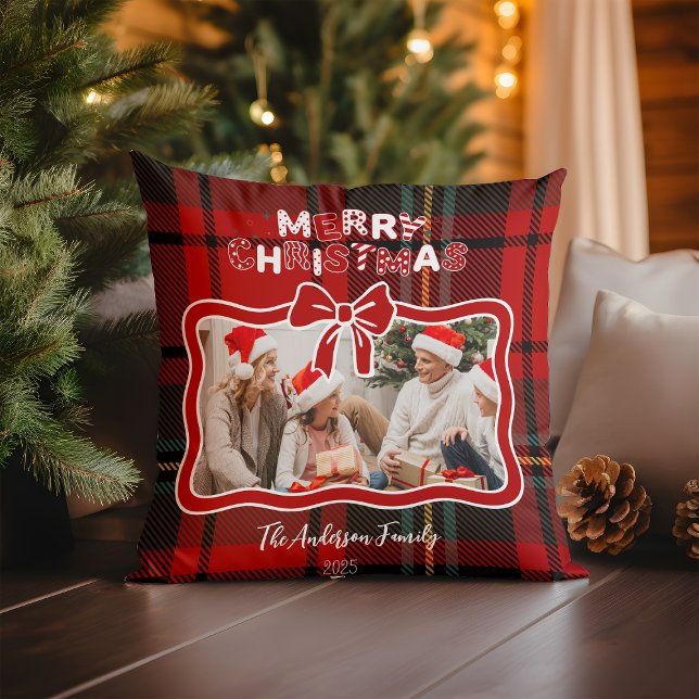 Retro Red Plaid Whimsical Christmas  Throw Pillow (Creator Uploaded)