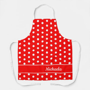Retro Red Polka Dot Pattern Customizable Name Apron
