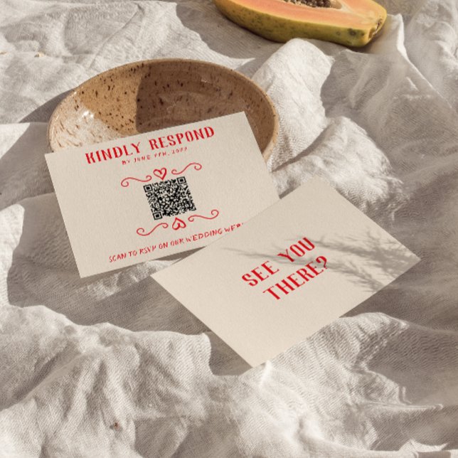 Retro Red QR Code Hand Drawn Quirky Wedding RSVP Card (Creator Uploaded)