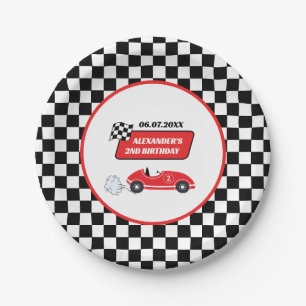 Retro red race car racing boy 2nd birthday paper plate