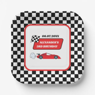 Retro red race car racing boy 3rd birthday paper plate