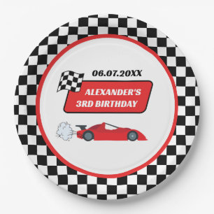 Retro red race car racing boy 3rd birthday  paper plate