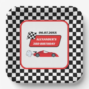 Retro red race car racing boy 3rd birthday  paper plate